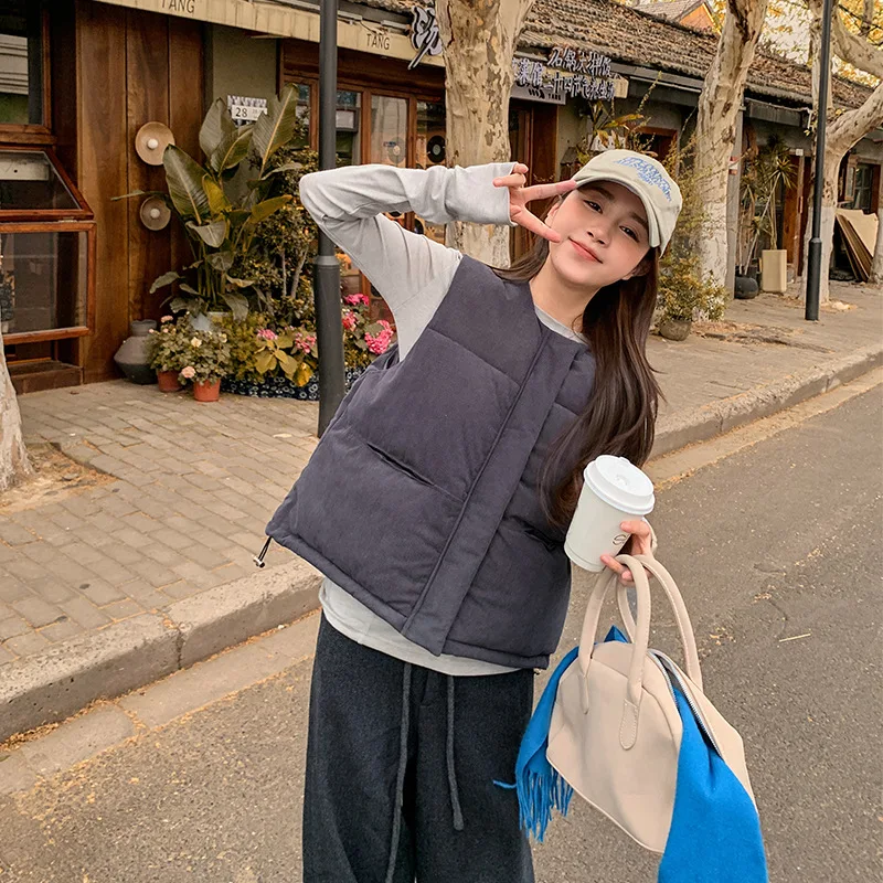 Women Solid Parkas Vest Coat Oversize Jacket Sleeveless Round Collar Zipper Thick Straight Fit Office Lady Casual Winter 2025