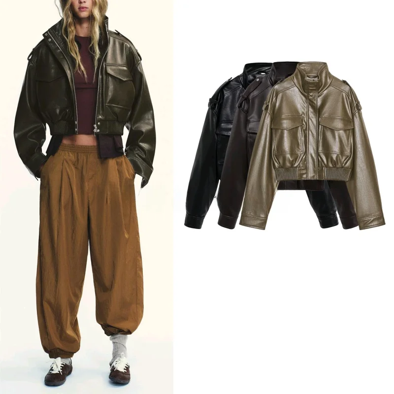 Automne femmes moto Sle ort Jaet avec ket PU cuir Long Sve col montant fermeture à glissière Faion vêtements d'extérieur