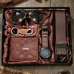 A men's 5-piece watch set - quartz movement, keychain, belt, sunglasses, wallet, perfect for business and leisure party gifts