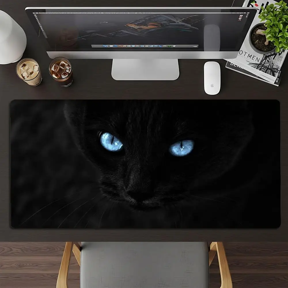 Large Gaming Mouse Pad Dark Black Cat Glowing Blue Eyes Office Mats XXL Rubber Anti-slip Laptop Keyboard Mousepads Desk Pads