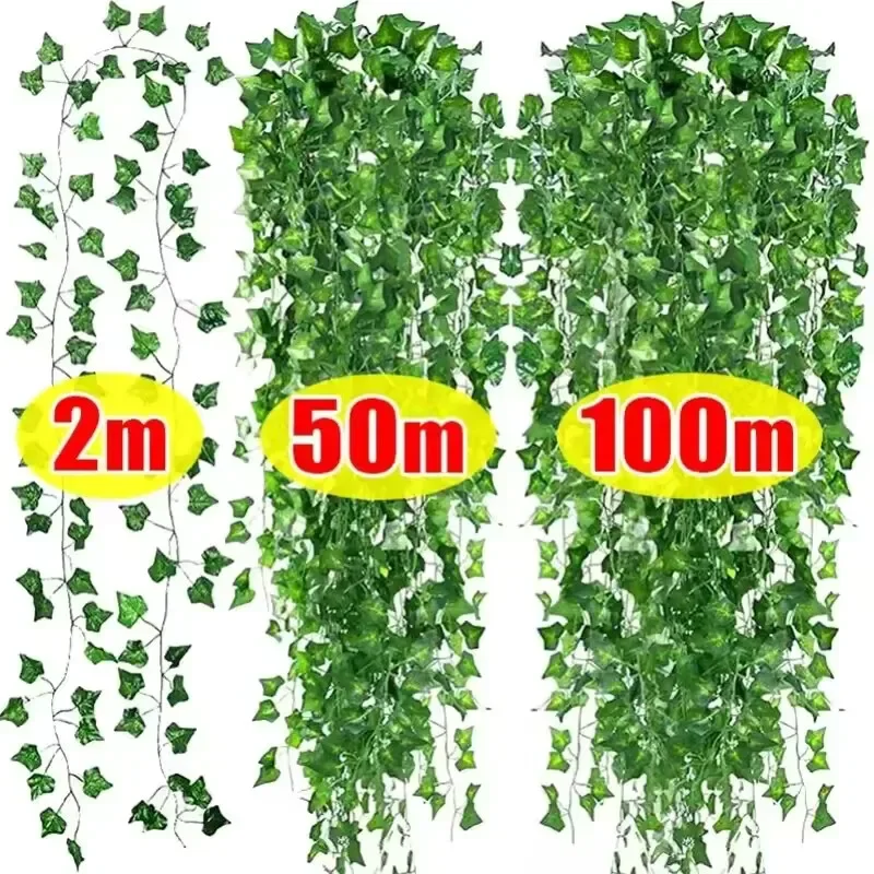 100/2M Artificial Green Ivy Vine Garland Fake Leaf Plants Rattan Hanging Creeper Garlands for Garden Wedding Party Wall Decors