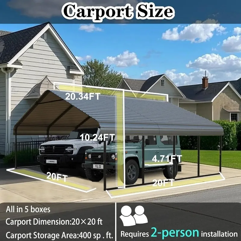 20x20 FT Heavy Metal Carport Galvanized Steel Roof Frame All Weather Garage Shelter 2 Cars Boat Yard, Customized
