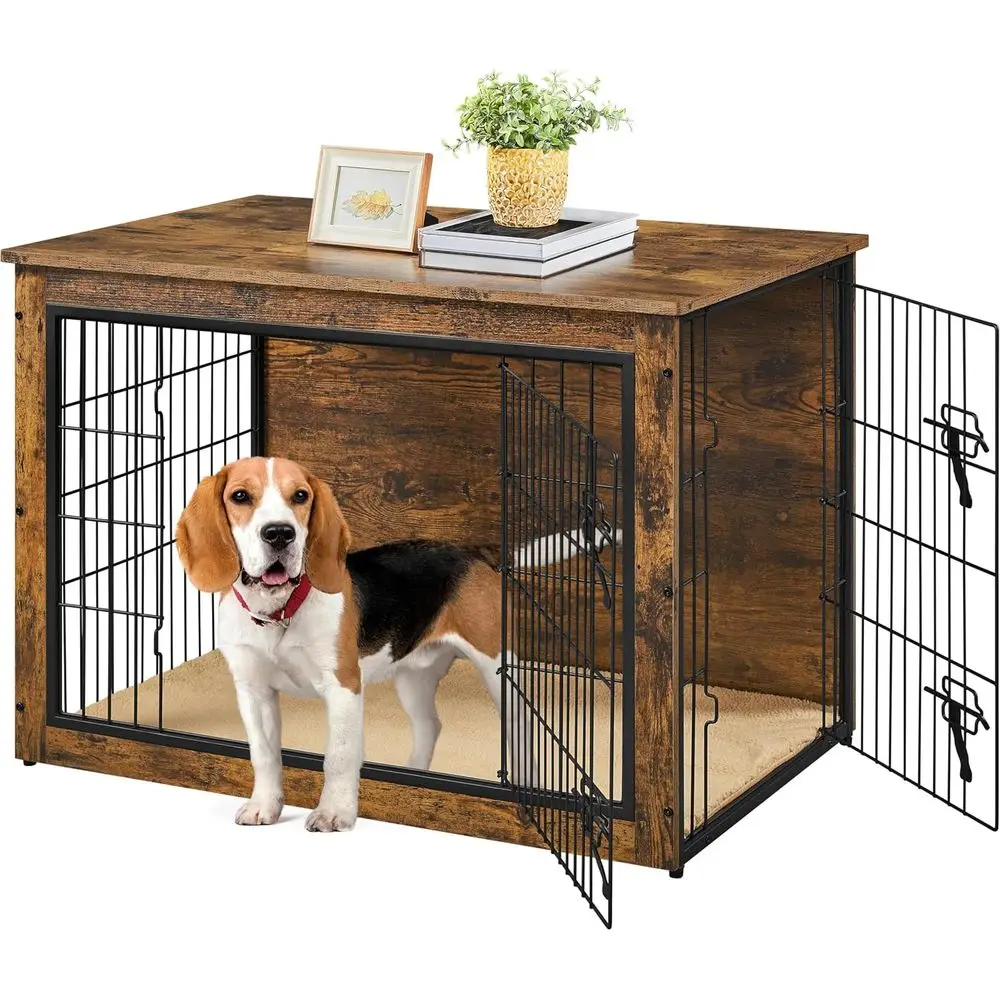 

38 Inch Dog Crate urniture with Cushion, Wooden Dog Kennel with Double Door Side End Table with Adjustable eet or Medium Large D