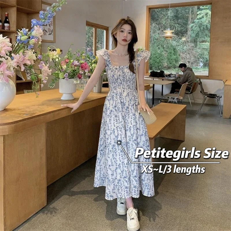 

150cm Shortgirls French Sweet Floral Small Flying Sleeve Dress Women Summer With Waistband And Slim Fit A-line Mid length skirt