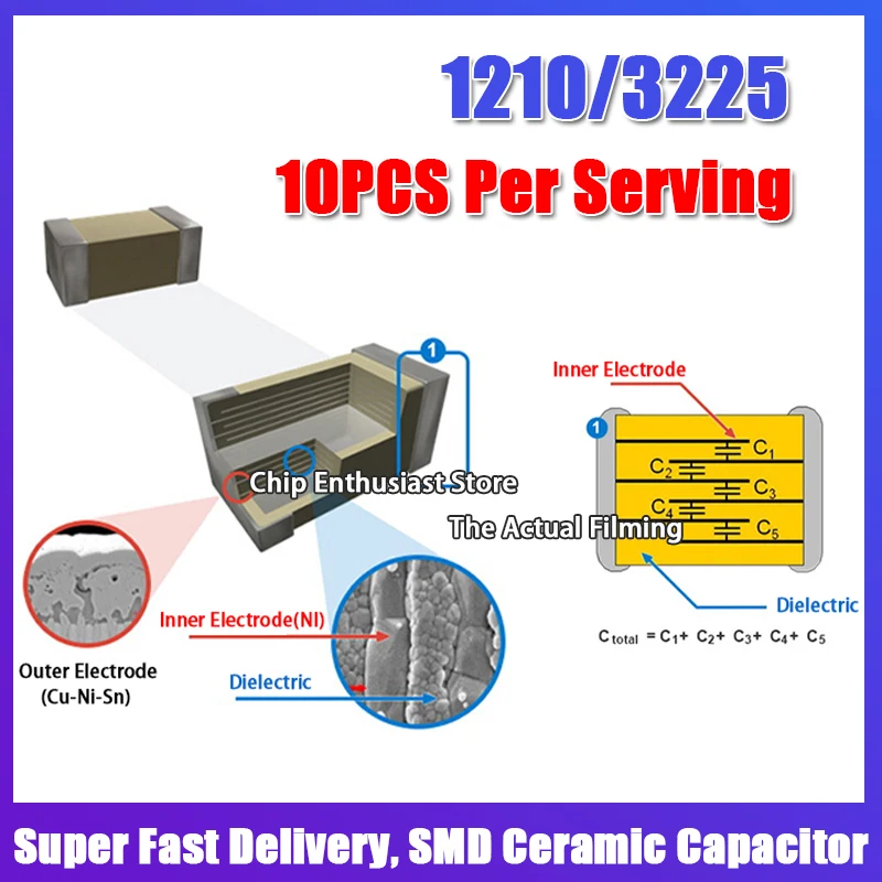 10PCS Ceramic Capacitor 1210 10UF/22UF/47UF/100UF 106K/226K/476K/107M 10V/16V/25V/35V/50V/100V X5R/X7R 10%/20% High Pressure