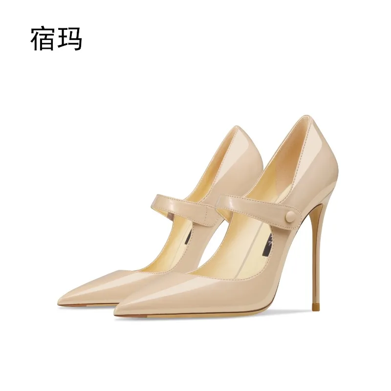 

Genuine leather nude high heels 2025 new thin heel pointed head light mouth Mary Jane shoes versatile one-word belt single shoes