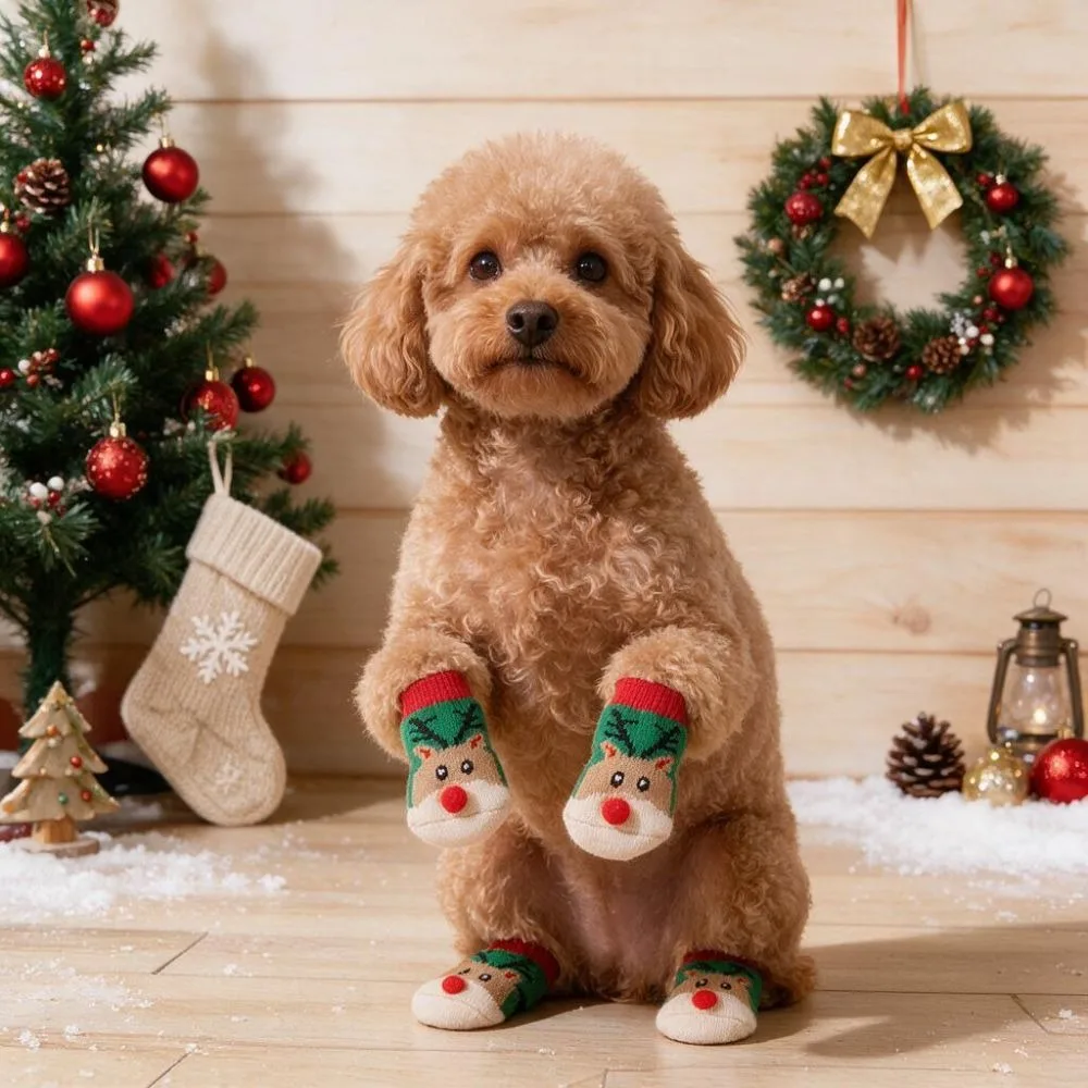 3D Red Nose Christmas Reindeer Dog Socks Non-Slip Elastic Outdoor Dog Feet Cover Anti-Scratch Cartoon Dog Paw Protector