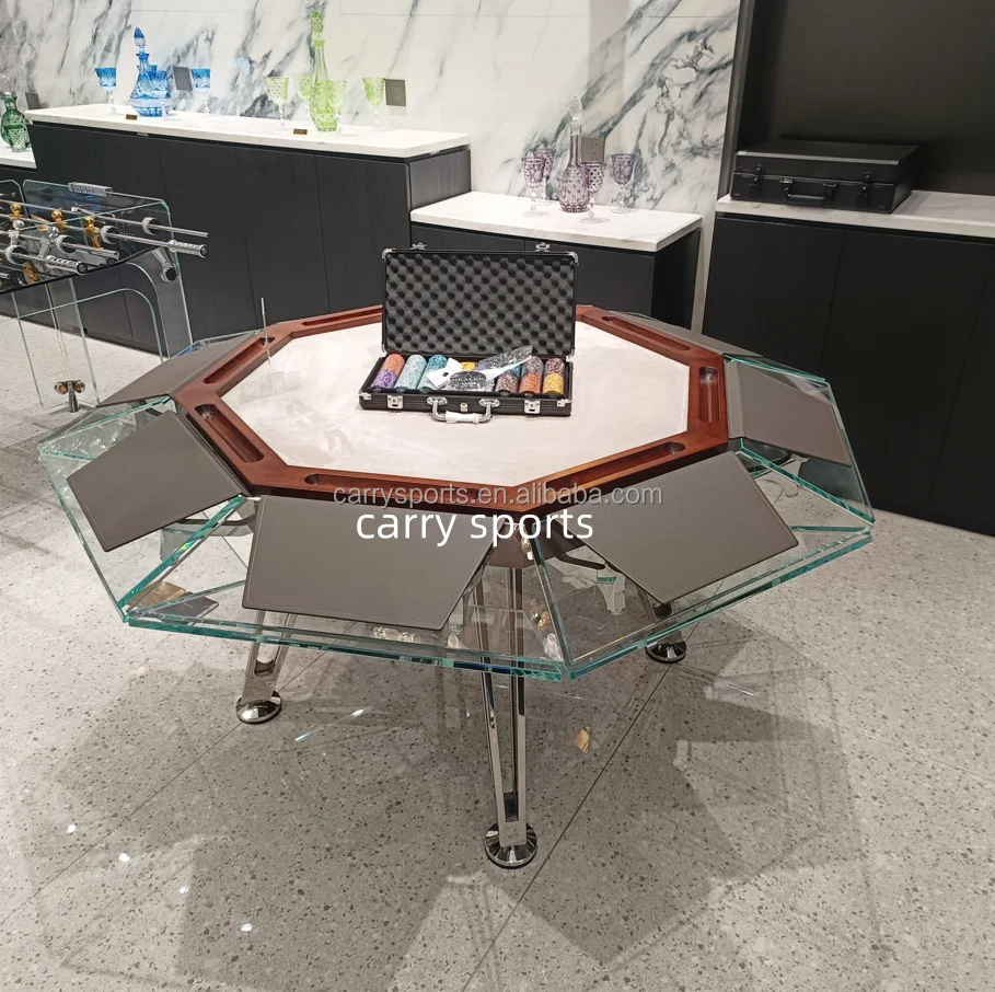 European High-end Commercial Crystal Tempered Glass Texas Hold'em Poker Table Modern Deluxe Indoor Walnut Gambling Table