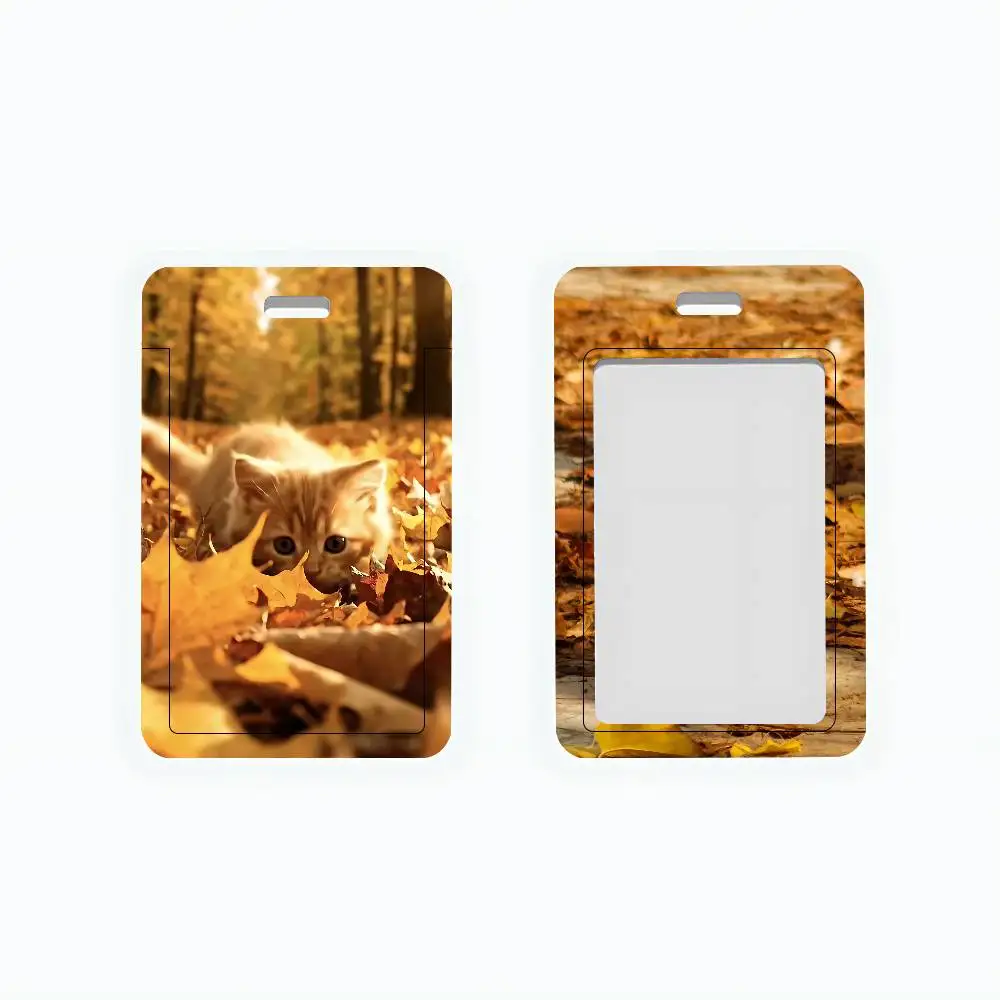 Orange Cat  In A Pile Of Fallen Leaves Clear ID Card Holder Lanyard Neck Strap Badge Case Door Credit Card Protector Daily Gift