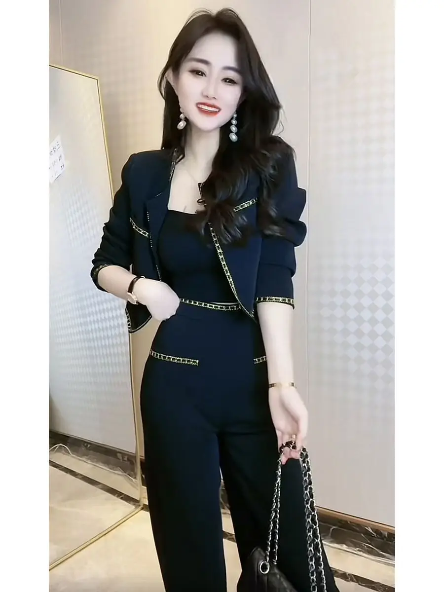 Women\'s Small Fragrant Style Short Metal Chain Blazers Wide Leg Pants Set with Retro Black Round Neck Suit  Two-piece