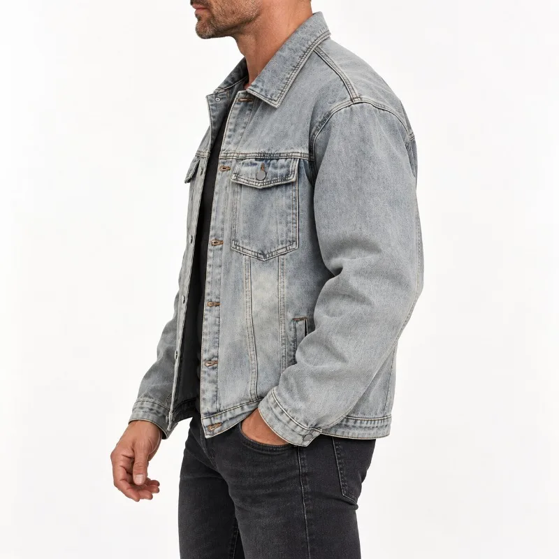 Men's Denim Trucker Jacket Oversized Fit Button Front Flap Chest Pockets Side Pockets Washed Blue 100% Cotton Long Sleeve