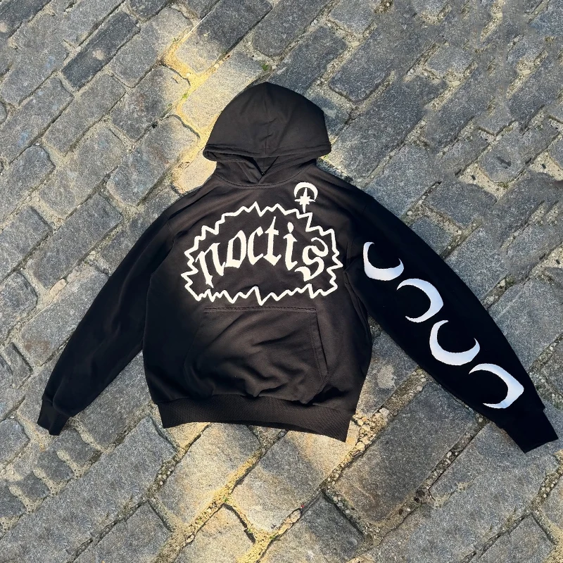 2025 Nuovo autunno/inverno europeo e americano Luna stampata serie Hip Hop stile astratto felpa con cappuccio pantaloni legati