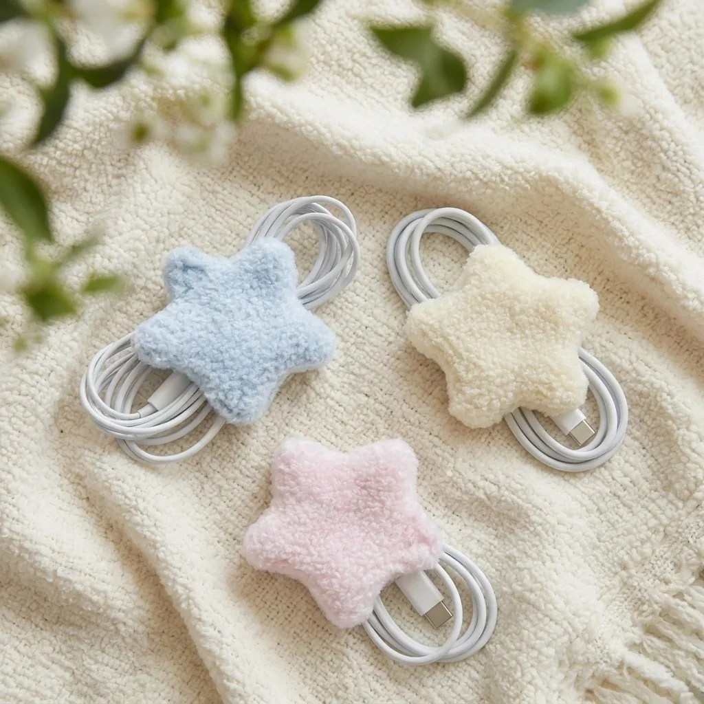 Portable 4 Pcs Dopamine Themed Star Plush Cable Winder Cord Holder Desktop Sorting Accessory for Data Cable
