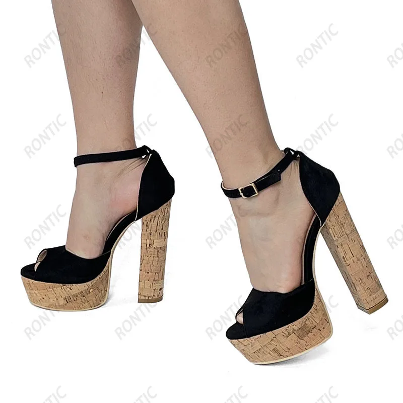 Rontic Change Color Women Platform Sandals Ankle Strap Unisex Cork Block Heel Open Toe Elegant Black Dress Shoes US Size 5-20