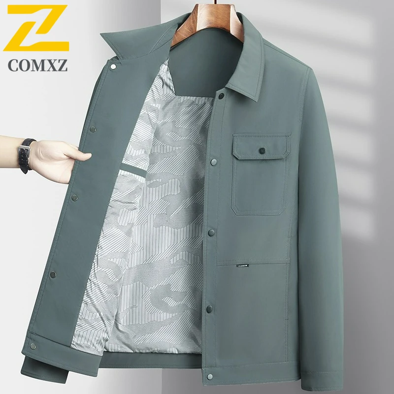 COMXZ Luxury Men Jacket Slim Notch Lapel Solid Color Business Casual Coat High End Travel Lightweight Fashion Autumn Outerwear
