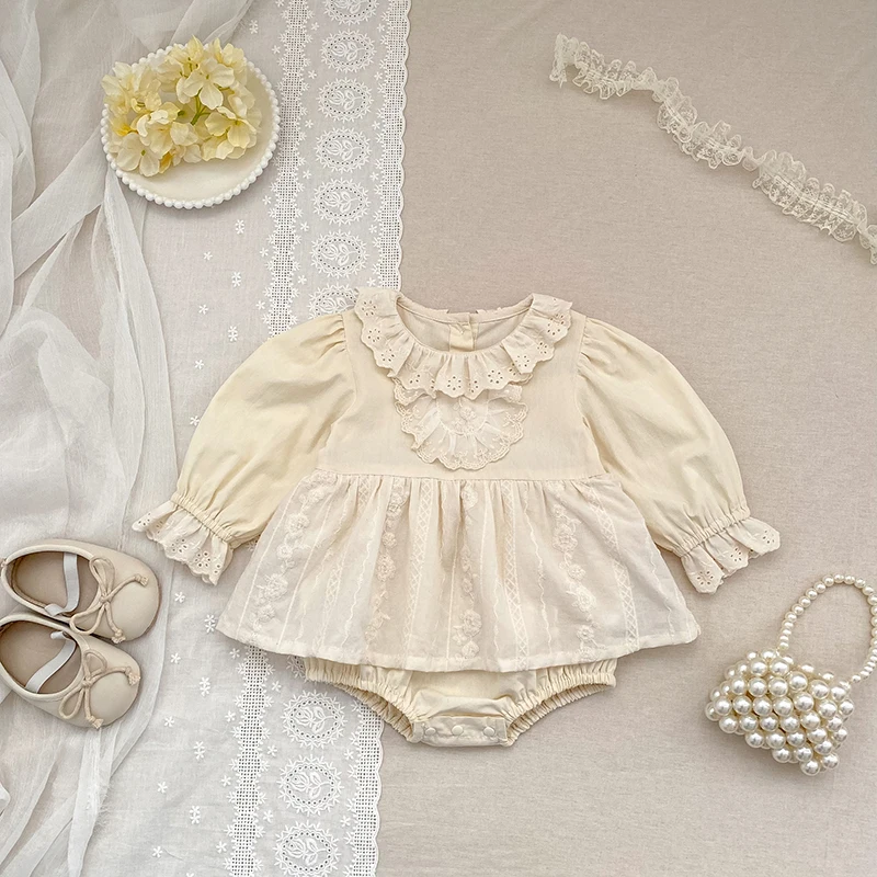 Baby-Mädchen-Strampler im Vintage-Stil mit Spitze, Rüschenkragen, langen Ärmeln, Baumwollrock mit Stickerei, Body, Neugeborenen- und Säuglings-Prinzessinnen-Outfit, 0–24 Monate. – Detail 1