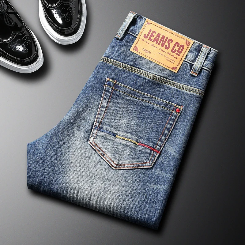 

High end trendy men's jeans 2025 autumn and winter micro elastic slim fit small straight tube ground white denim pants