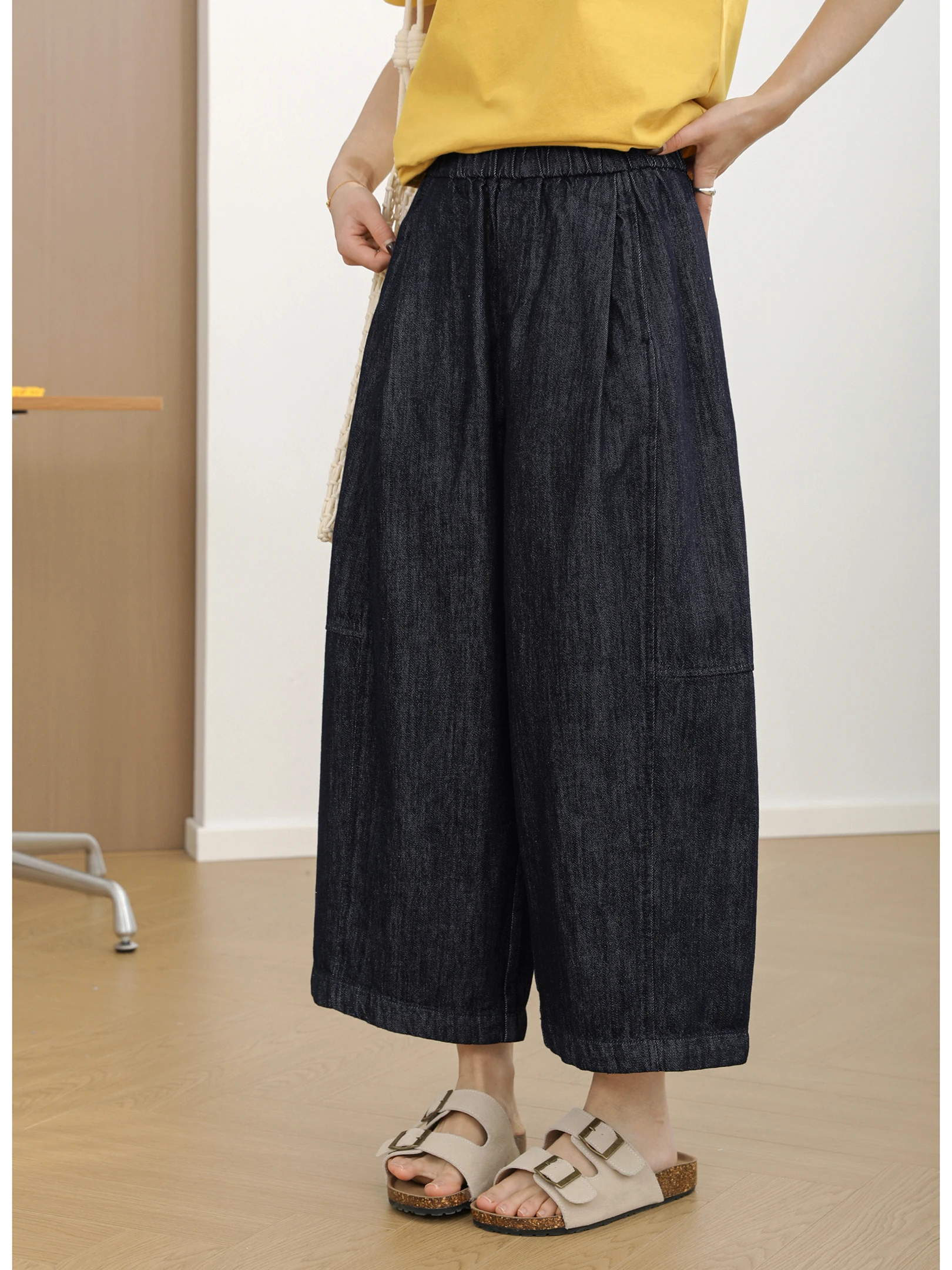 

Spring 2026 Tee-wood Social Korean Sle Elastic Waist Wide Leg 9 Denim Pants Versatile Slimming Casual Women's Jeans