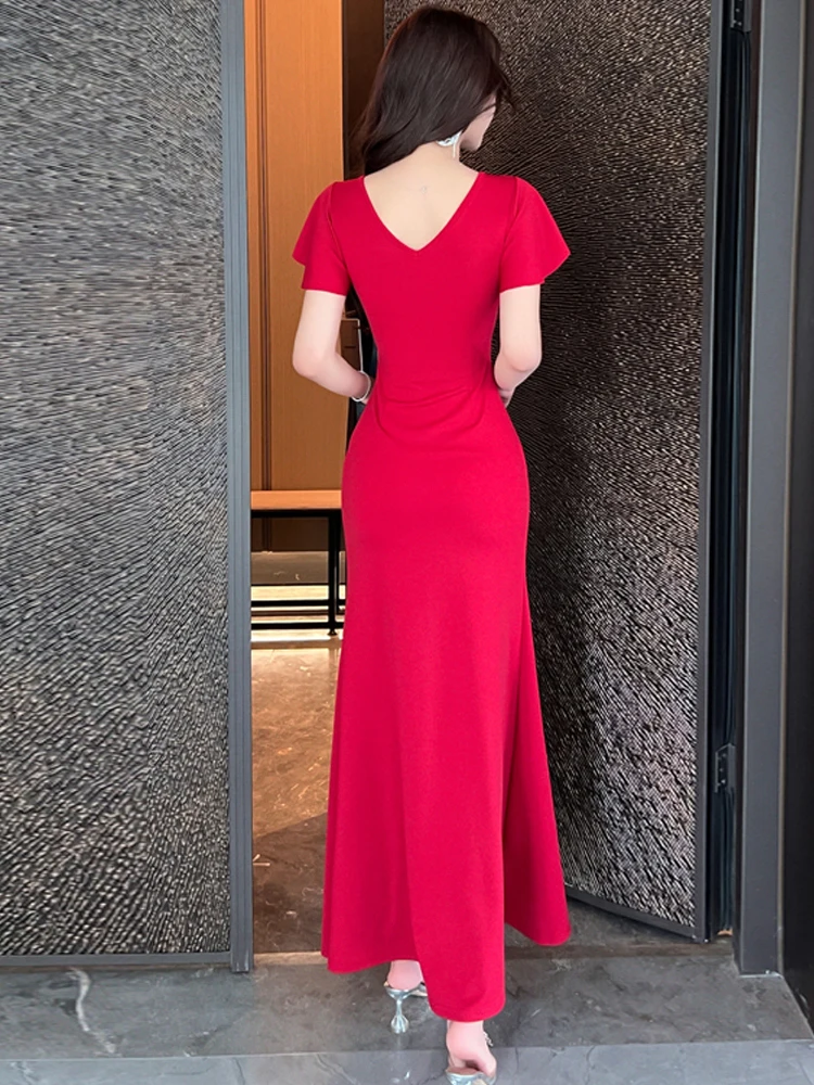 Feminino elegante vestido vermelho sexy com decote em v recorte lateral fenda bodycon sereia bainha mangas inchadas verão chique casual praia resort robe