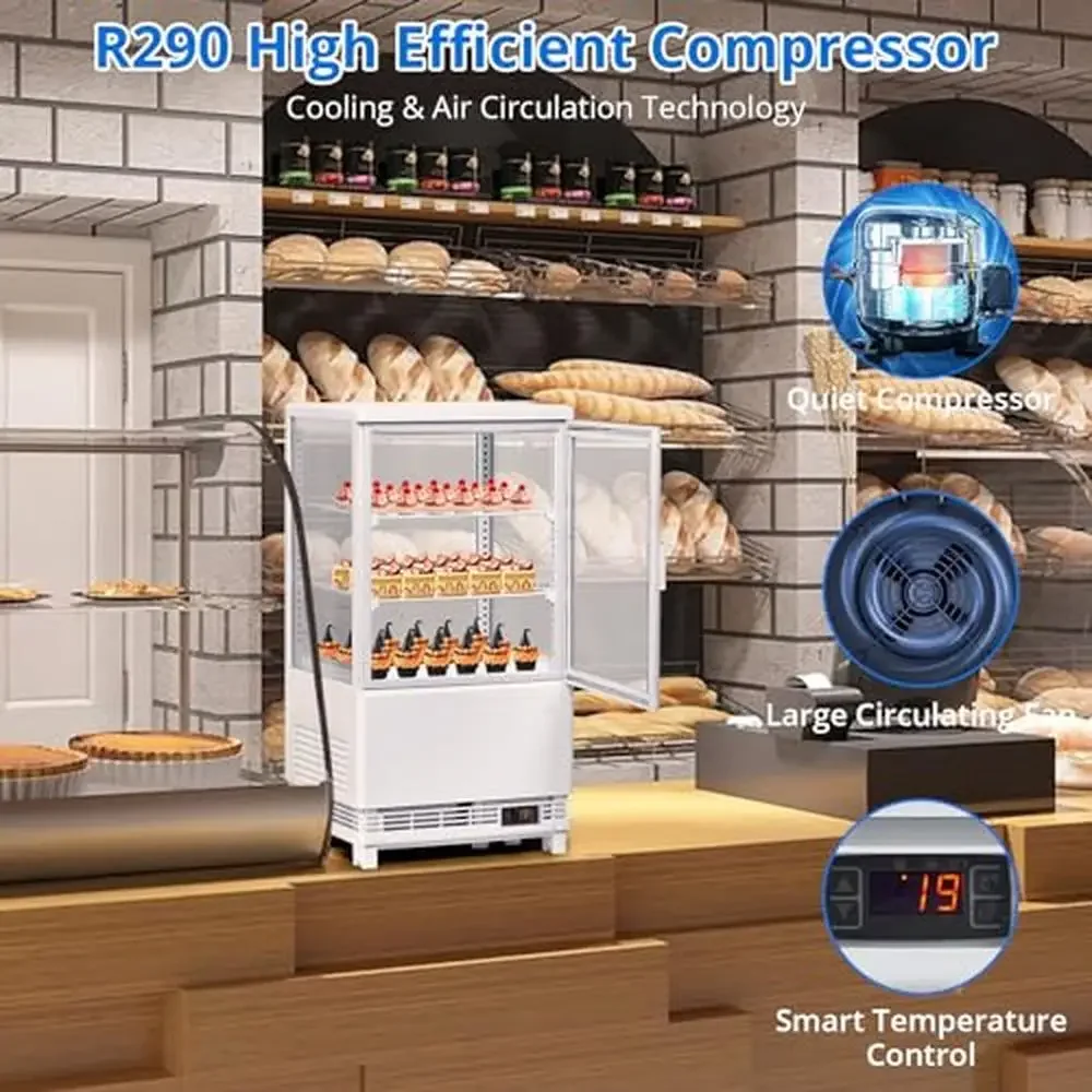 ตู้แช่แสดงสินค้าแบบประตูเดียวสำหรับขนมอบ พร้อมไฟ LED และกระจกสองชั้นเพื่อรักษาความสด