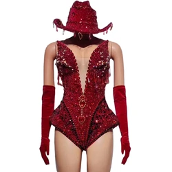 Sparkly Rhinestones Deep V Neck Bodysuit Gloves Hats Set for Women Sexy Performance Dance Costume Singer Dancer Show Stage Wear