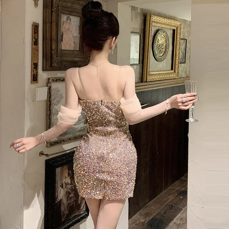 Kimotimo Sexy Strapless V Neck Sequins Party Dresses Women Korean Fashion Backless Slim Waist Wrap Hip Mini Dress Summer