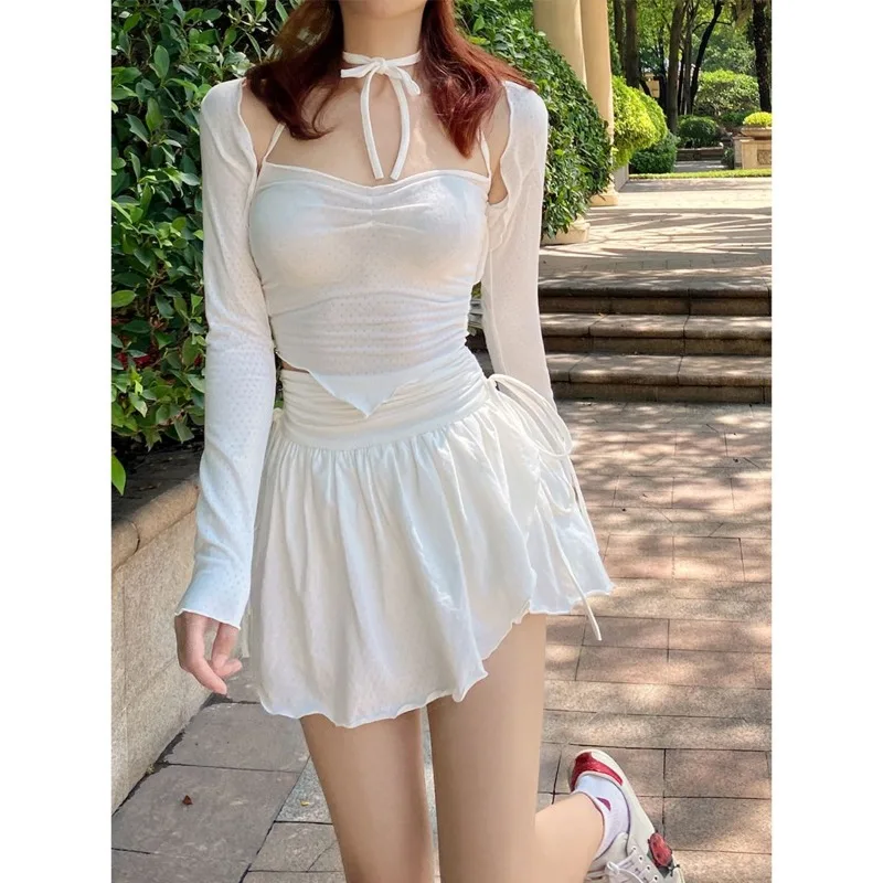 Women Short Skirt White A-line Dress Y2k Drawstring Pleated Irregular High Waist College Style Streetwear Sweet Retro Chic Sexy