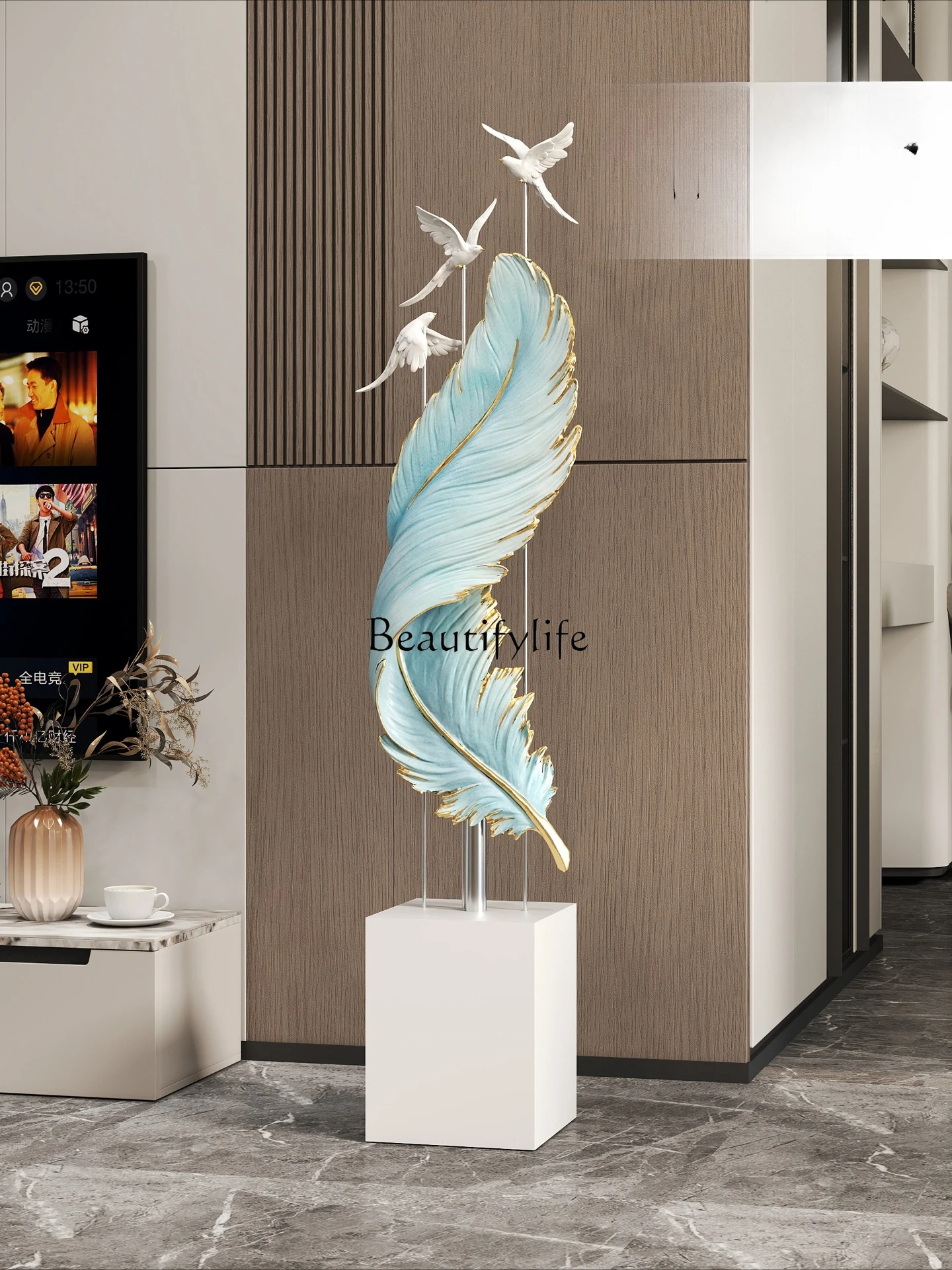 

Nordic living room TV cabinet light luxury feather floor ornament large entrance office home accessories