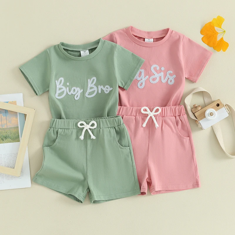 Brother Sister Matching Outfits Letter Embroidery Short Sleeve Round Neck T-Shirt with Shorts 2 Pcs Outfit Children's Clothing