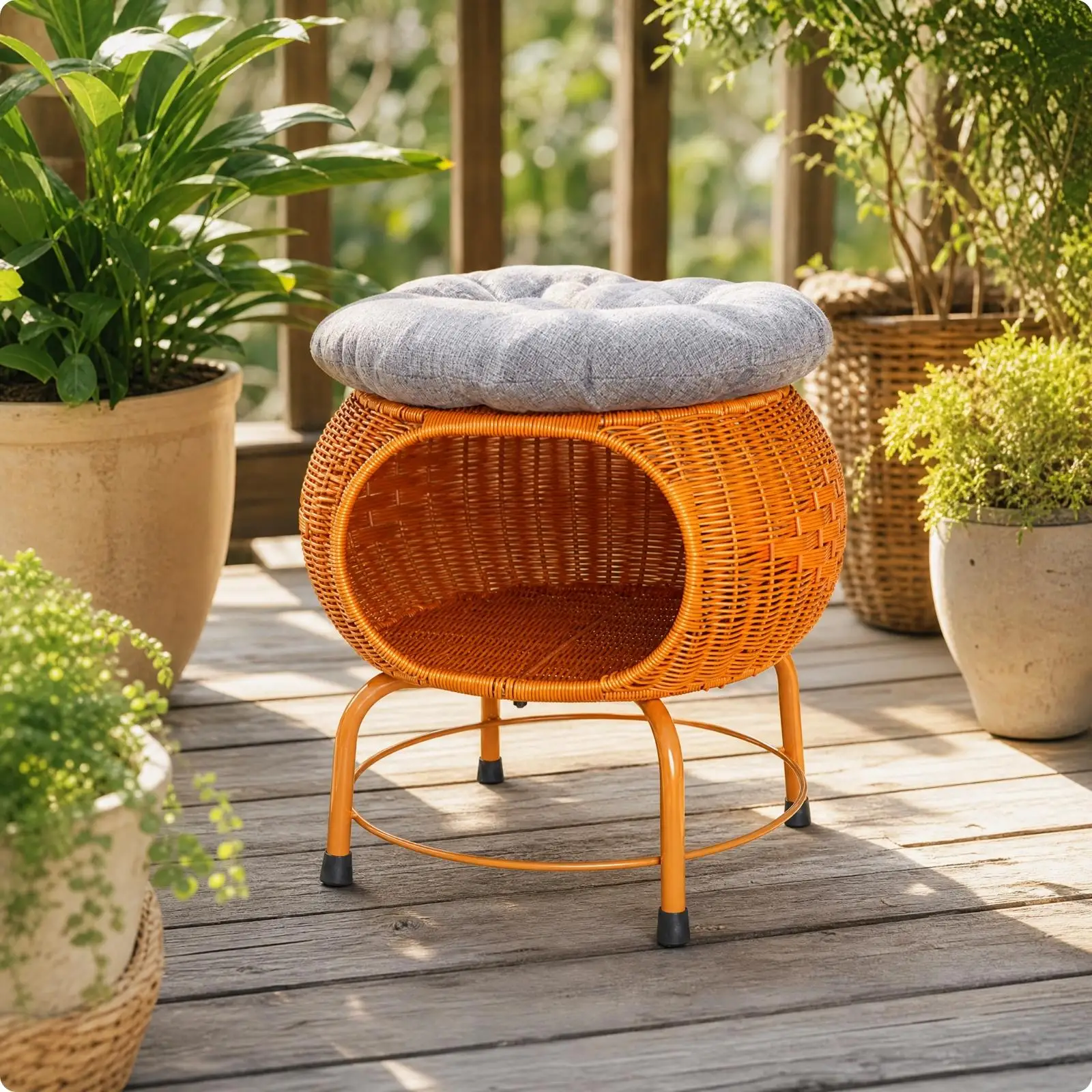 Interwoven Storage Stool with Cushioned Seat Compact Rattan-Style Storage Stool with Open Compartment for Entryway, Living Room,