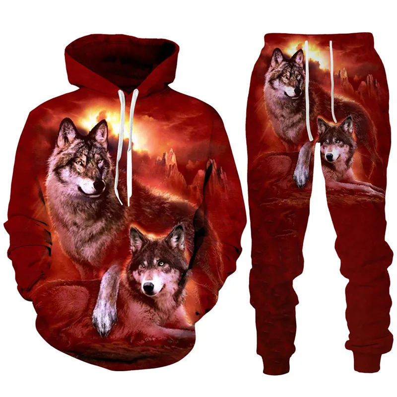 Retro Man Hoodies Sets Animal Wolf 3D Printed Men's Hoodies Pants Suit Harajuku Tracksuit Sportswear Cool 2 Piece Clothing Set