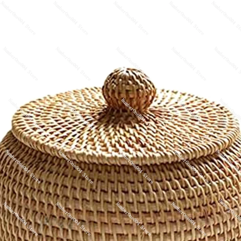 Round Rattan Box Hand Woven Storage Box with Lid, Storage Basket Decoration for Home