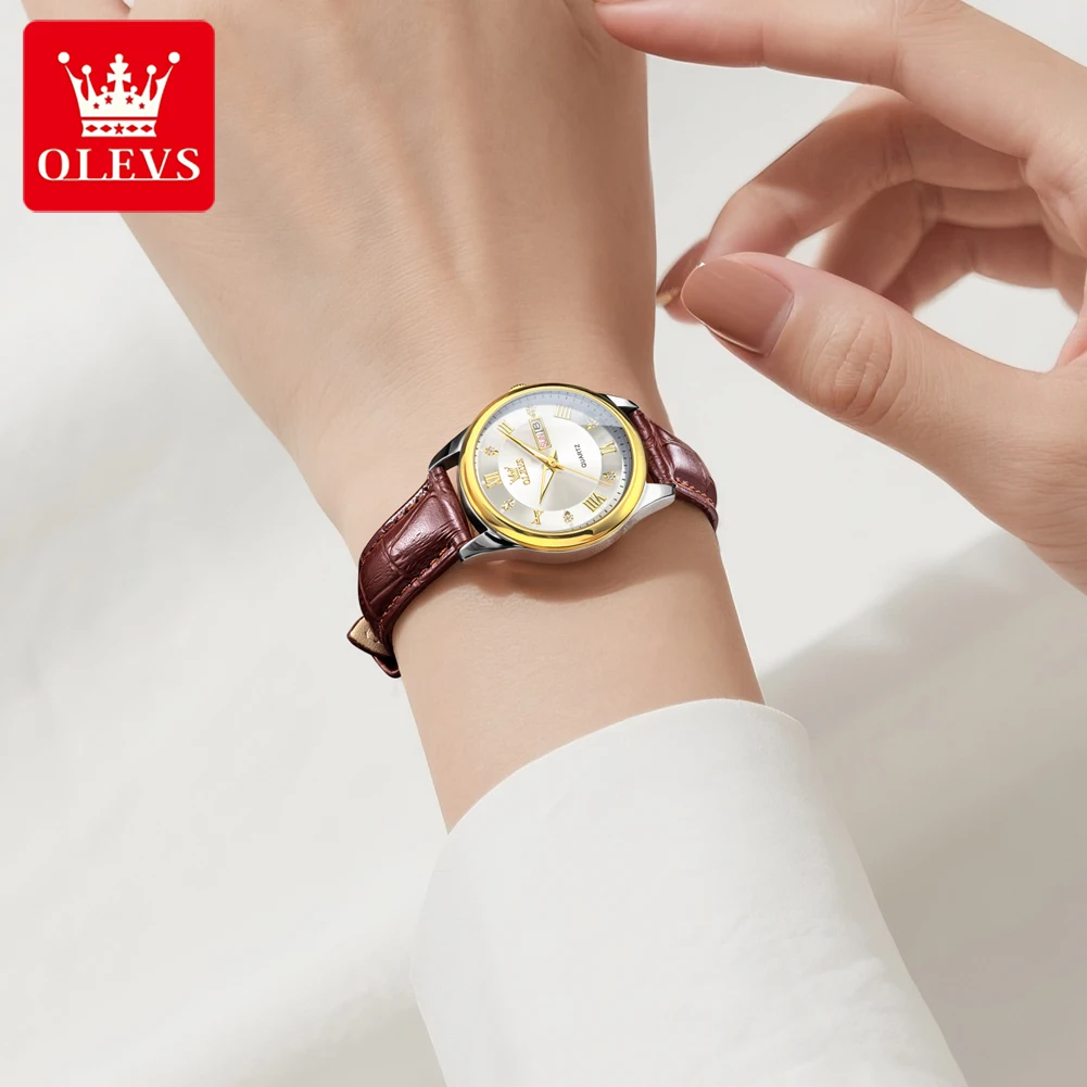 OLEVS Casual Fashion Couple Watches Leather Strap Waterproof Luminous Date Original Quartz Wristwatch for Lover Trend Dress 2pcs
