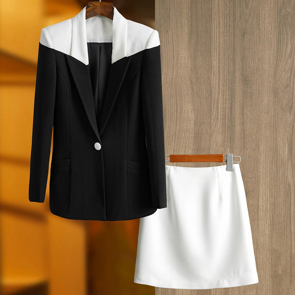 TWOTWINSTYLE Hit Color Two Piece Set For Women Notched Collar Long Sleeve Blazer High Waist Mini Skirt Temperament Sets Female