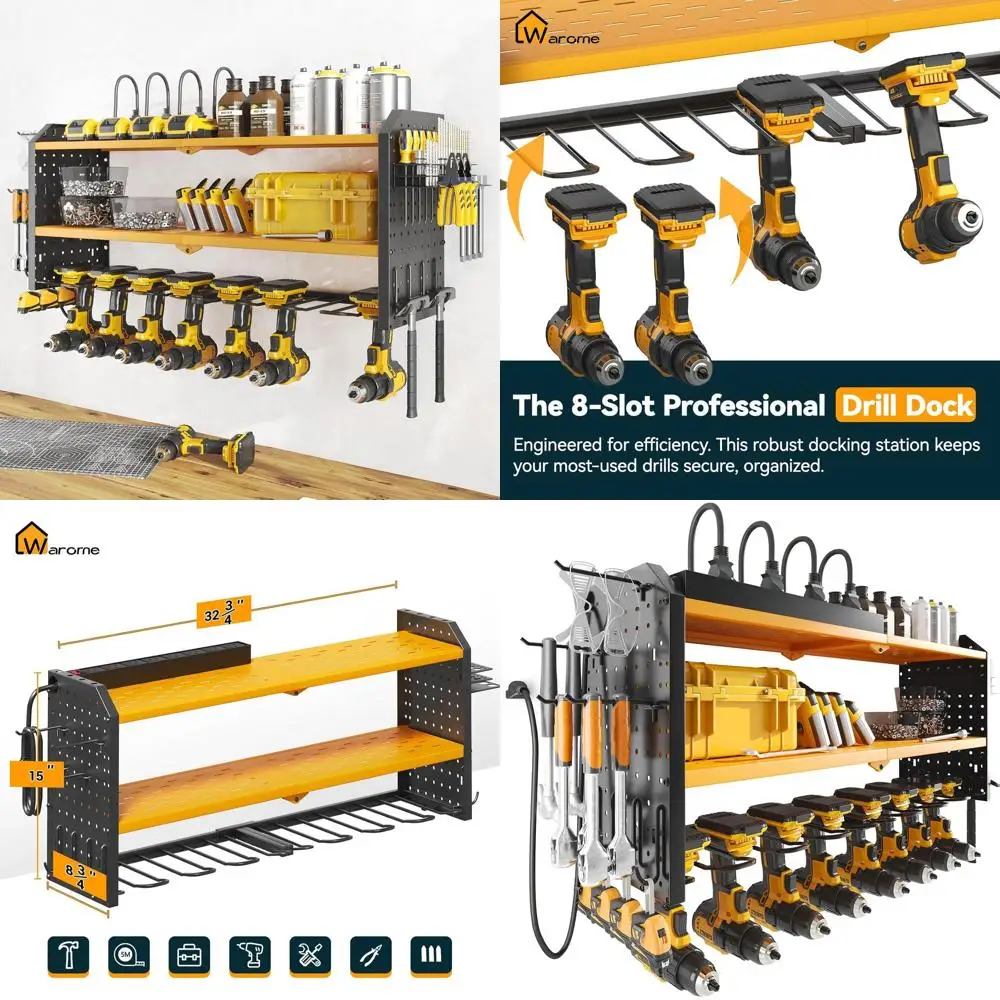 

Yellow Wall-Mounted Garage Tool Organizer with 8-Outlet Strip and 8 Cordless Drill Holders