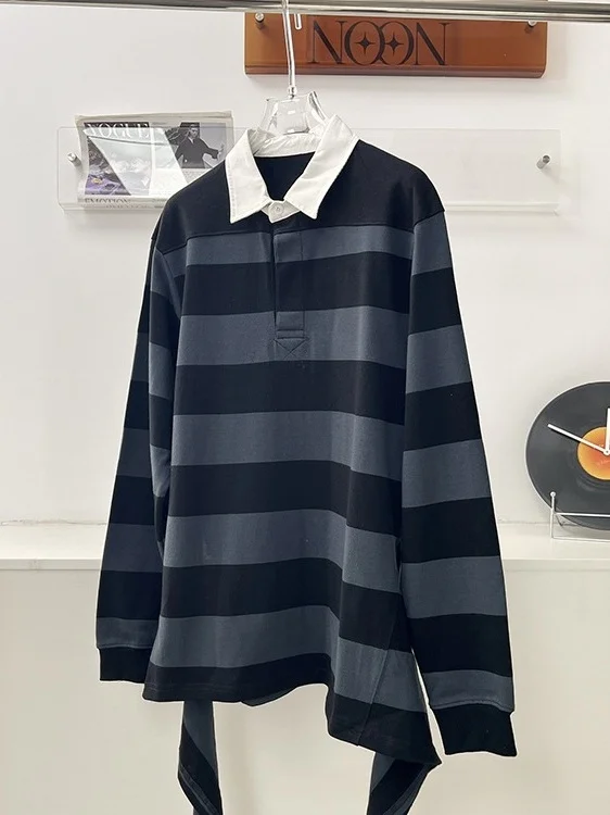 Korean Style College Preppy Striped  Neck Long Sleeve T-Shirt Women's Autumn Unique Design Belted Top Trendy Loose Fit