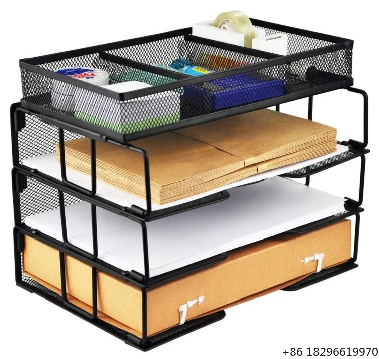 Mesh 3 Tier Office Desktop File Organizer Stackable Letter Paper Tray Desk Organizer with Compartment