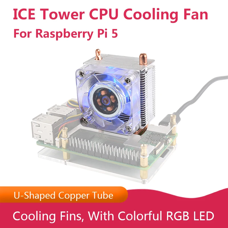 Вертикальный охлаждающий вентилятор для ЦП ICE Tower для Raspberry Pi 5, U-образная медная трубка, охлаждающие плавники, с цветной RGB-подсветкой