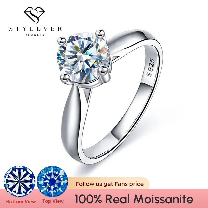 Stylever Classic 4 Prong Luxury Real Moissanite Diamond Ring for Women Excellent Cut D Color 925 Sterling Silver Wedding Jewelry