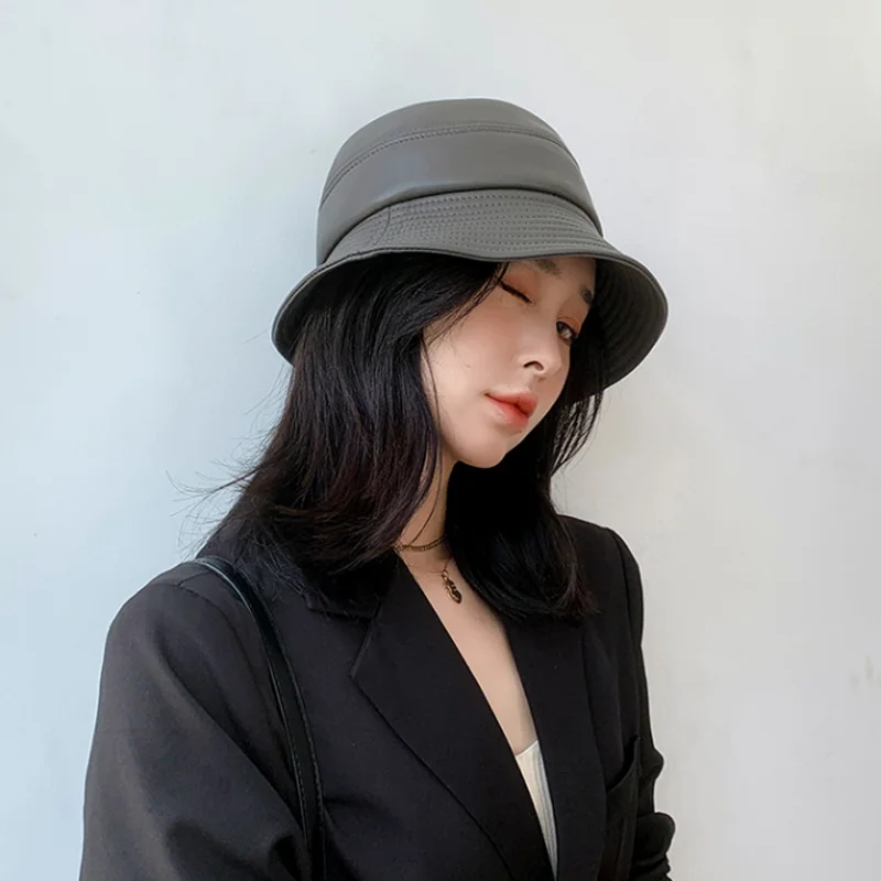 2022 New Bucket Hat Women Big Birm Sun Shade 100% Genuine Leather Fisherman Caps Female Chic Grey Gery Basin Casquette Street