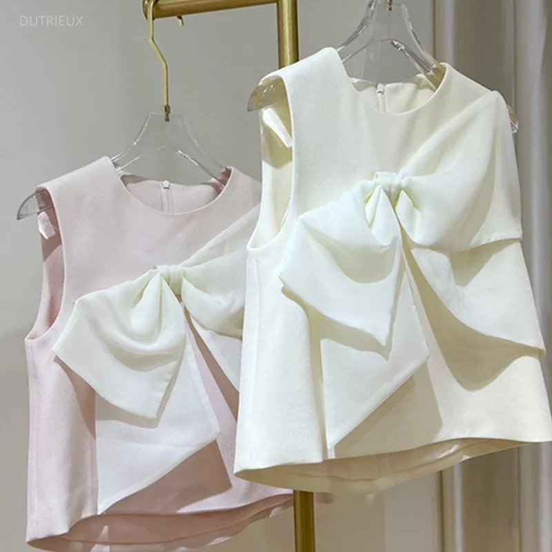 2024 Summer Vintage Small Fragrance Bow Sleeveless Tank Top Women O Neck Chic Vest Korean Fashion Female Tops Hot Shirts Camis