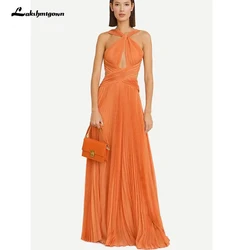 Elegantes vestidos de noche largos de color naranja con cuello halter, plisados, corte en A, tul, hasta el suelo, vestidos de fiesta para mujer