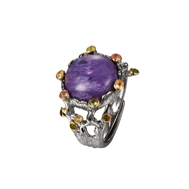 JICAI argento 925 anello da donna gioielli in pietra naturale Charoite rotondo italiano artigianale zircone colore anello da dito Lady