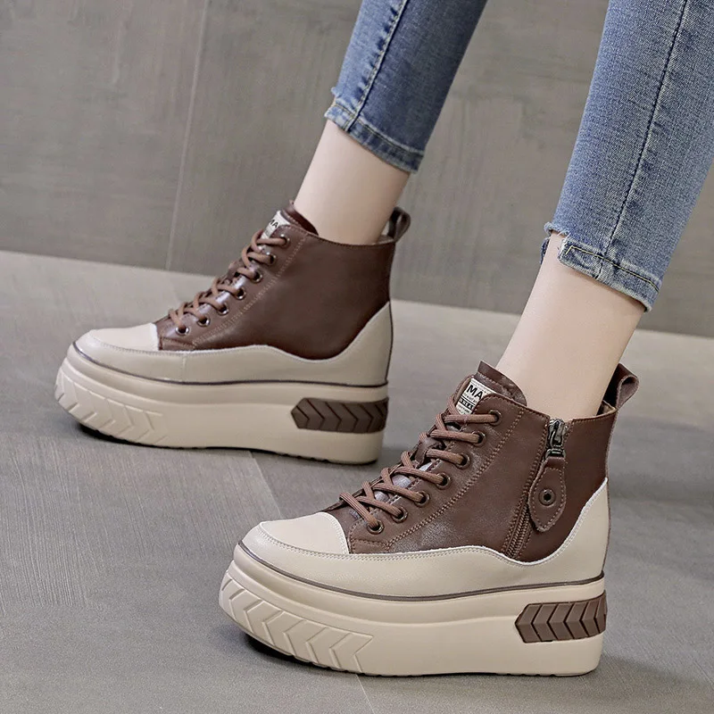 High Top Women Shoes Genuine leather 8cm Platform Boots Wedge Hidden Heel Zip Spring NEW Autumn Warm Fur Winter Shoes Sneakers