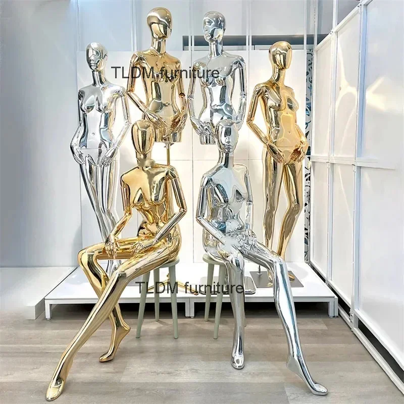 Full Body Electroplating Female Mannequin Props for Women Clothing Store Window Display Stand Half Body Sitting Posture Model