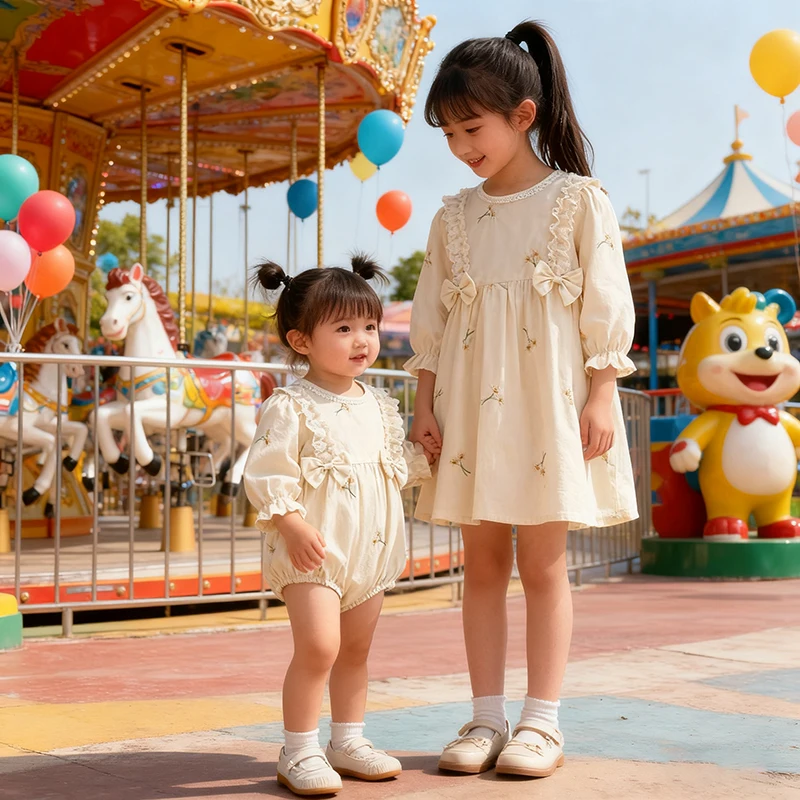 

Autumn Spring 2-6Y Girl Party Dress Baby Girl Romper Long Sleeved Bow Embroidery Kids Princess Dress Sister Birthday Sweet Dress
