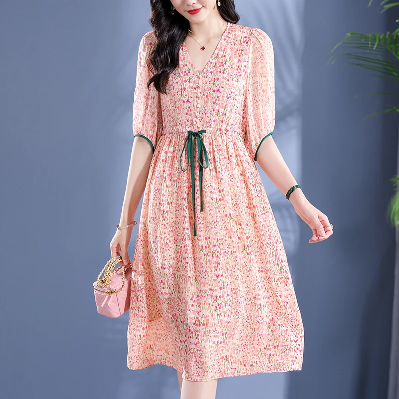 

100% Real Silk Women's Long Dress 2024 Summer V-neck Elegant Fashion Dresses For Women Half Sleeve Floral Print Dress A-line