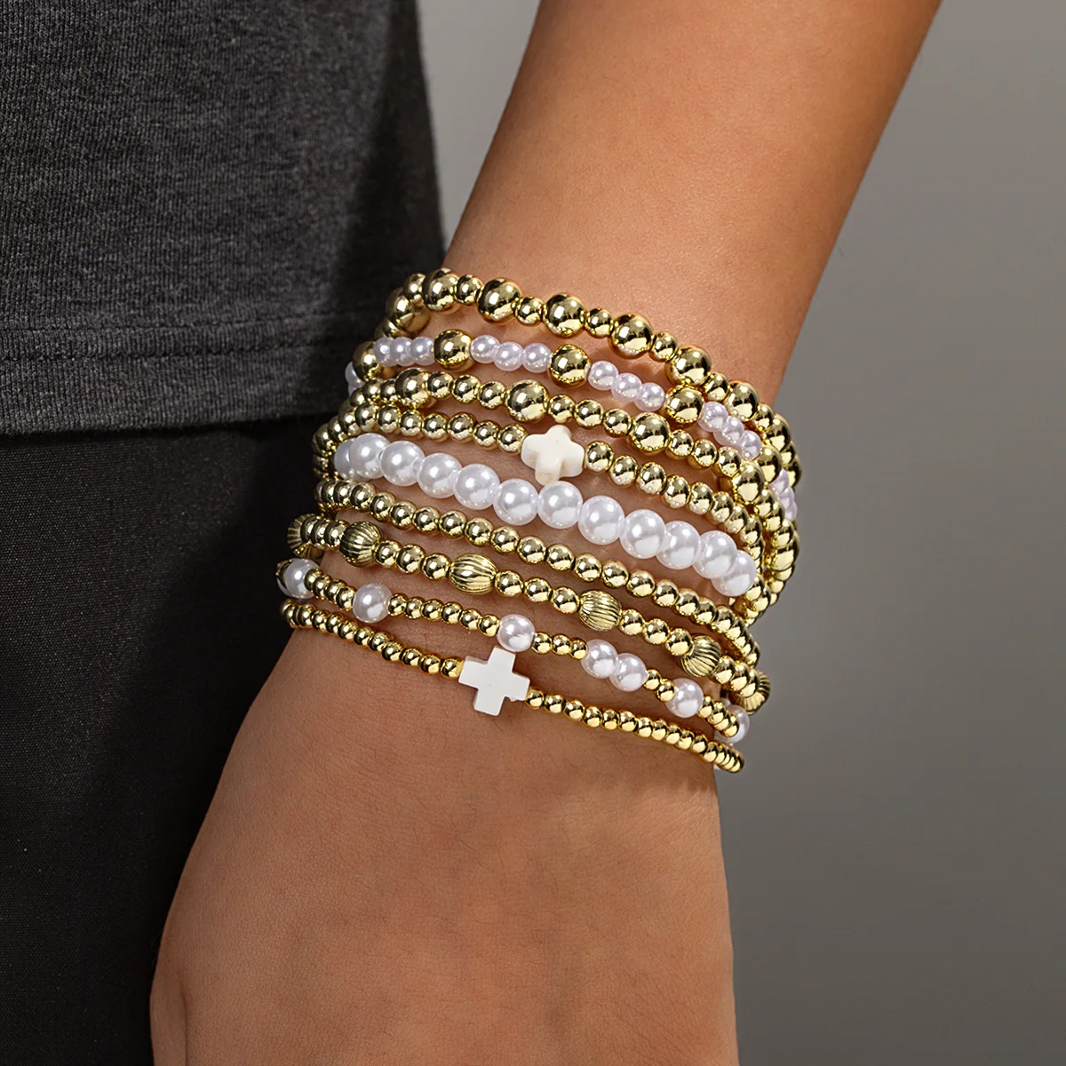 9 Bohemian style cross imitation pearl bracelets with multiple overlapping CCB bead elastic bracelets