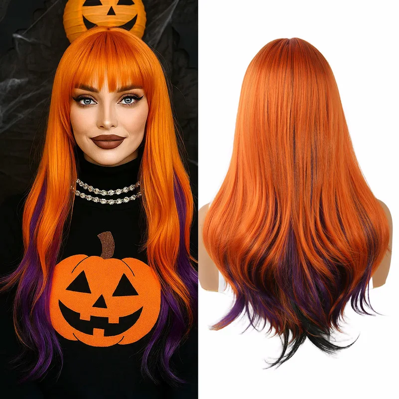 Fashionable Halloween Wig for Women with Straight Bangs, Full Head Cover, Colorful Highlights, Long Curly Hair