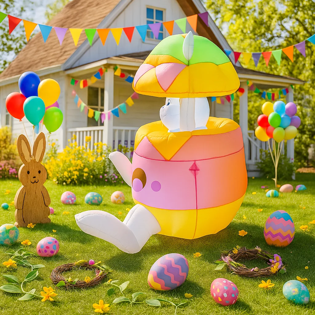 5FT Easter Festive Inflatable Bunny with Egg Decor LED Lights Airblown Holiday Party Garden Rabbit Yard Easter Decorations Props
